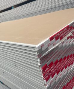 Close-up of stacked 9mm gypsum boards with taper edges, showing the side profile and packaging.