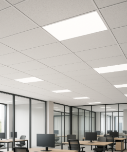 Office interior with Astro MF MicroNova acoustic mineral fibre ceiling tiles installed in a suspended white T-grid system